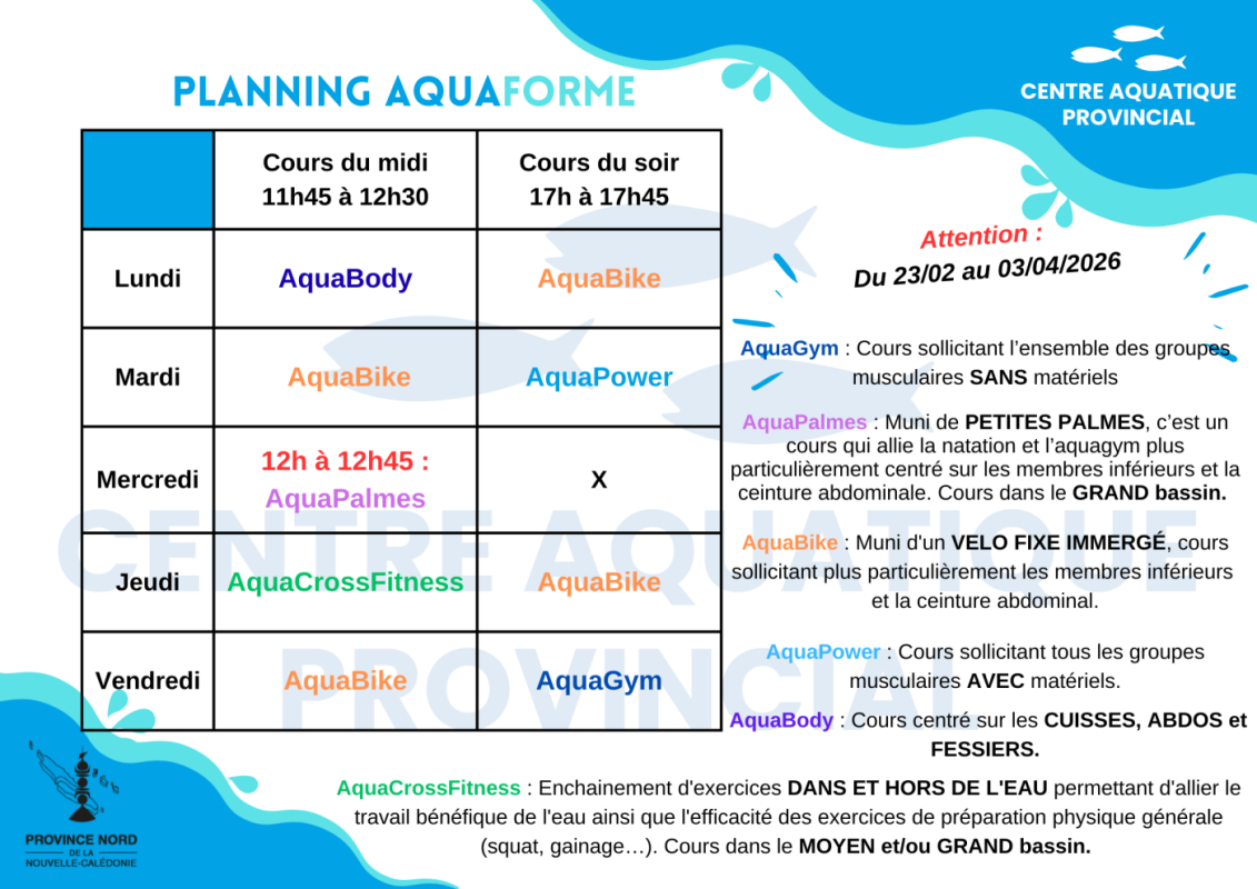 Planning AquaForme du 23 février au 04 avril 2026